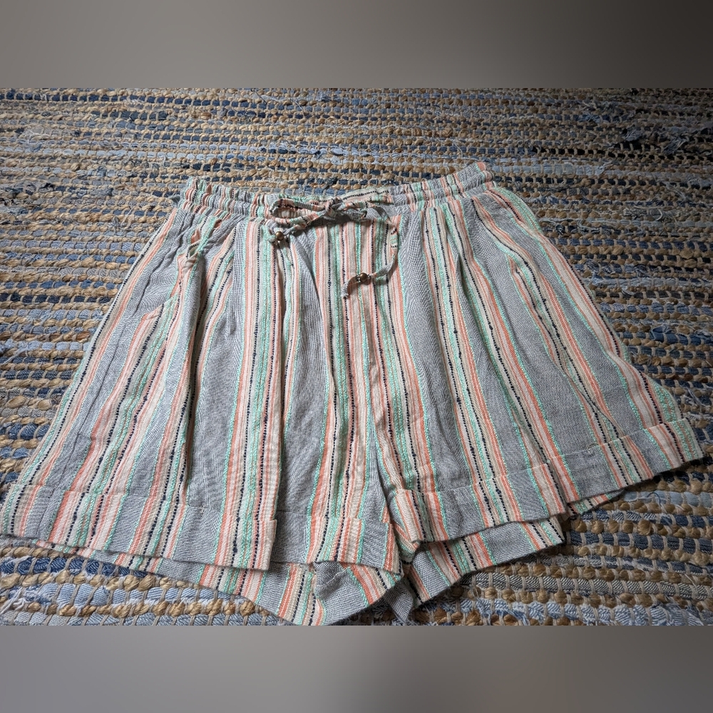 Striped Rayon Boho Shorts L Elastic Waist Drawstring Beachy Festival Resort Sage - Picture 2 of 9